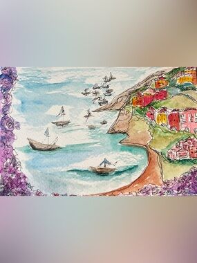 Original hand painted watercolor illustration, Amalfi Coast, Italy, wall art